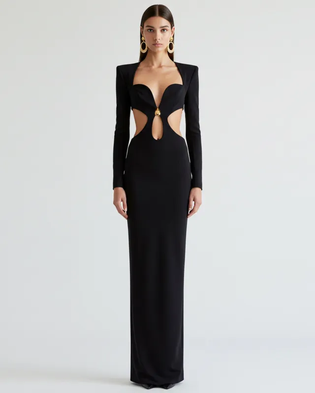 Cutout Long Sleeve Gown – Black sold by JW PEI