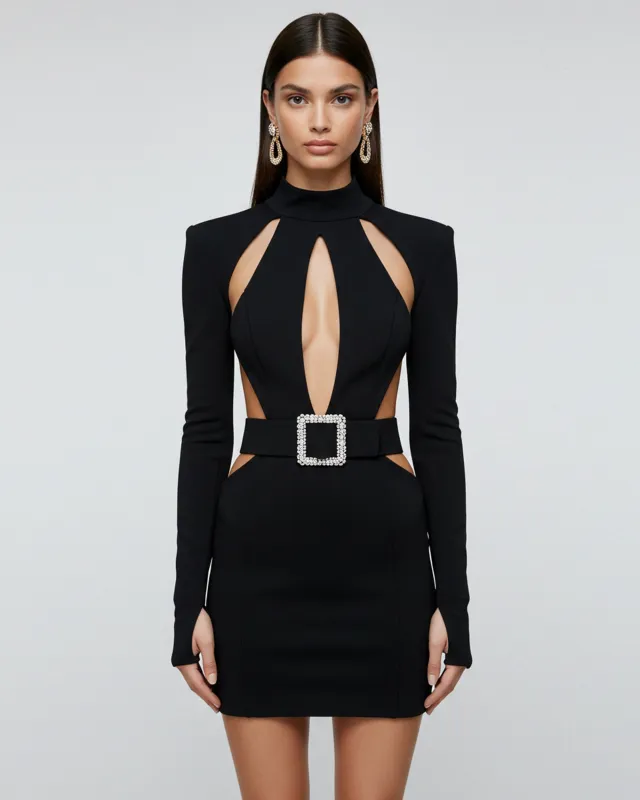 Cutout Belted Mini Dress – Black sold by JW PEI
