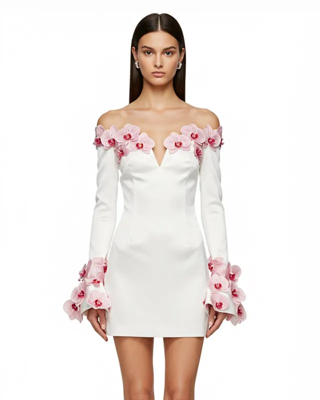 Orchid Embroidery Off Shoulder Mini Dress – White sold by JW PEI