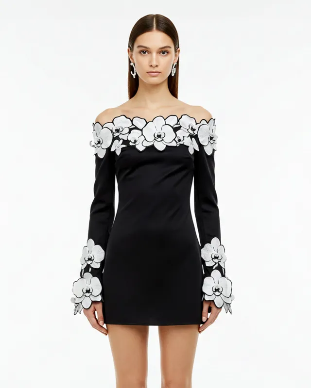 Orchid Embroidery Appliqué Off Shoulder Mini Dress – Black sold by JW PEI
