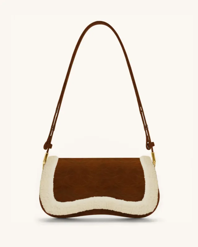 Joy Faux Suede Wool Trim Shoulder Bag - Dark Brown sold by JW PEI
