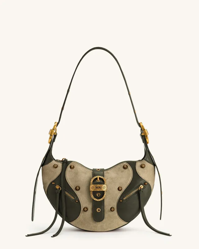 Tessa Faux Suede Studded Shoulder Bag - Khaki Green sold by JW PEI