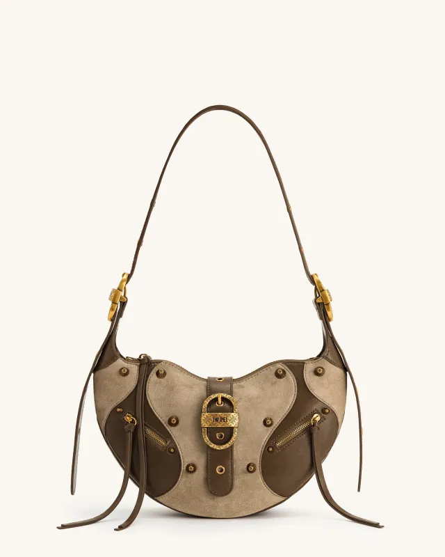 Tessa Faux Suede Studded Shoulder Bag - Brown Contrast sold by JW PEI