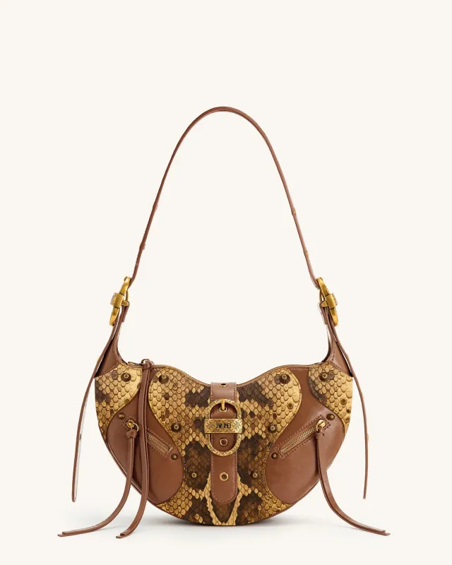 Tessa Faux Snakeskin Studded Shoulder Bag - Brown sold by JW PEI