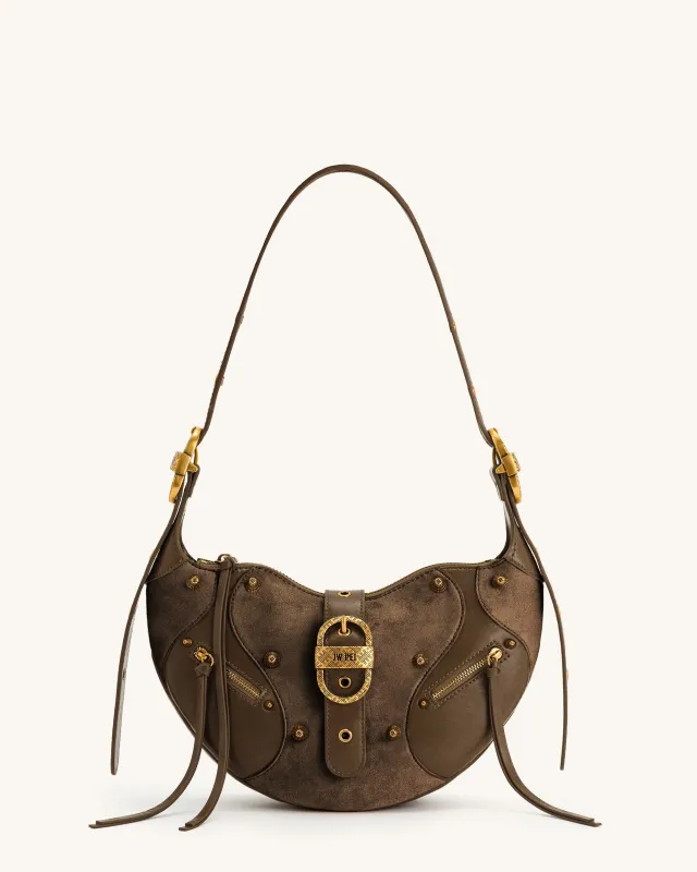 Tessa Faux Suede Studded Shoulder Bag - Dark Brown sold by JW PEI