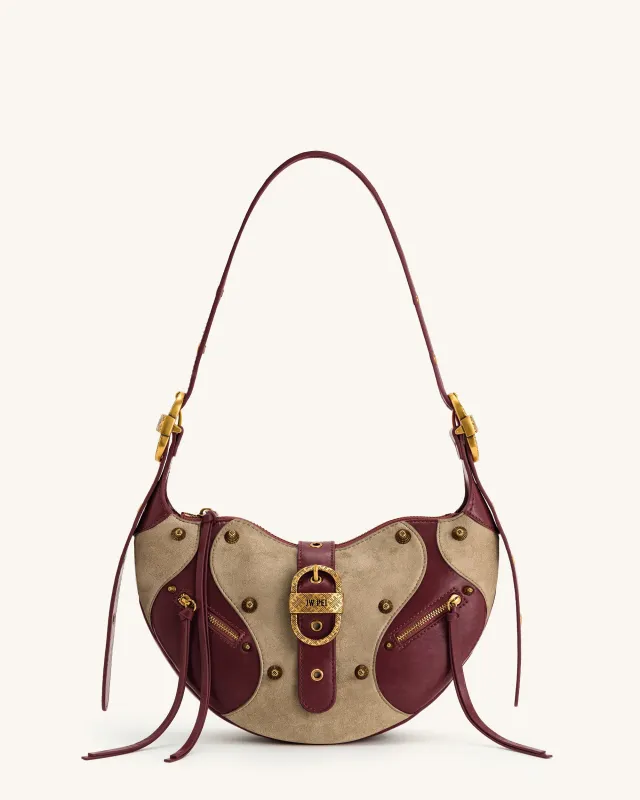 Tessa Faux Suede Studded Shoulder Bag - Burgundy sold by JW PEI