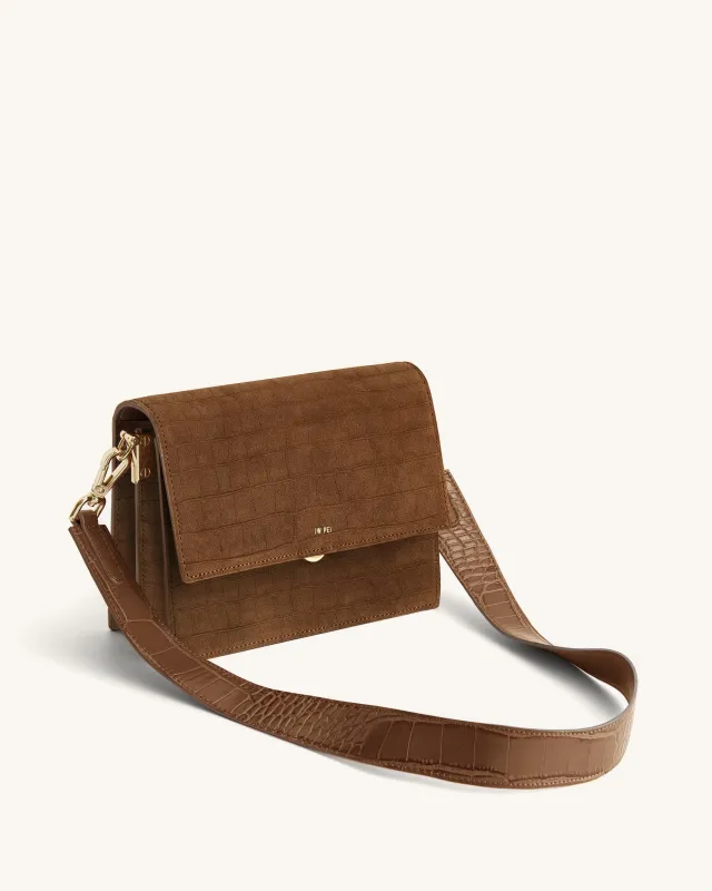 Mini Flap Faux Suede Croc Embossed Crossbody - Brown sold by JW PEI