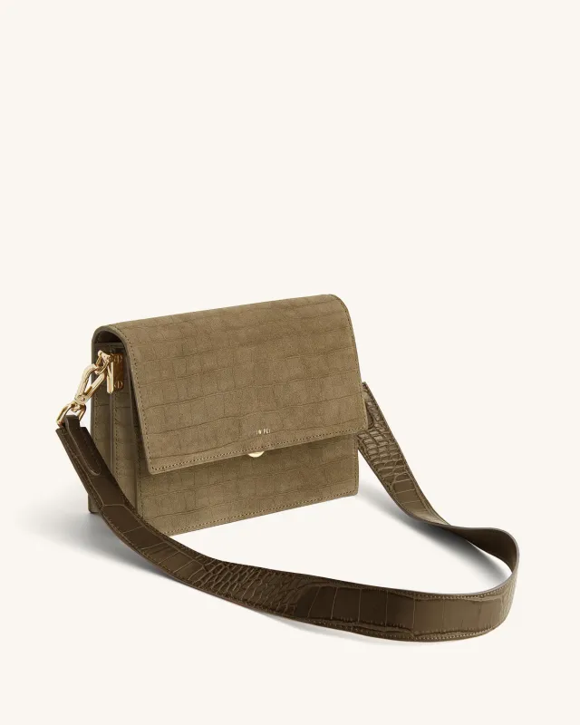 Mini Flap Faux Suede Croc Embossed Crossbody - Khaki sold by JW PEI