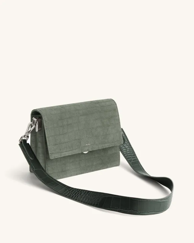 Mini Flap Faux Suede Croc Embossed Crossbody - Green sold by JW PEI