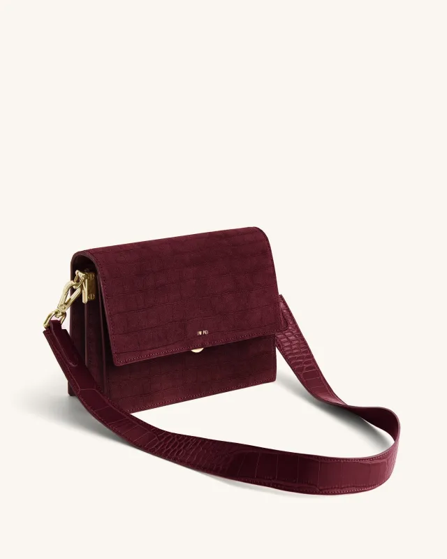 Mini Flap Faux Suede Croc Embossed Crossbody - Burgundy sold by JW PEI