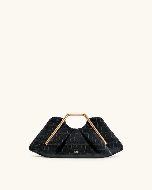Lila Faux Croc-Effect Metal Frame Clutch - Black sold by JW PEI