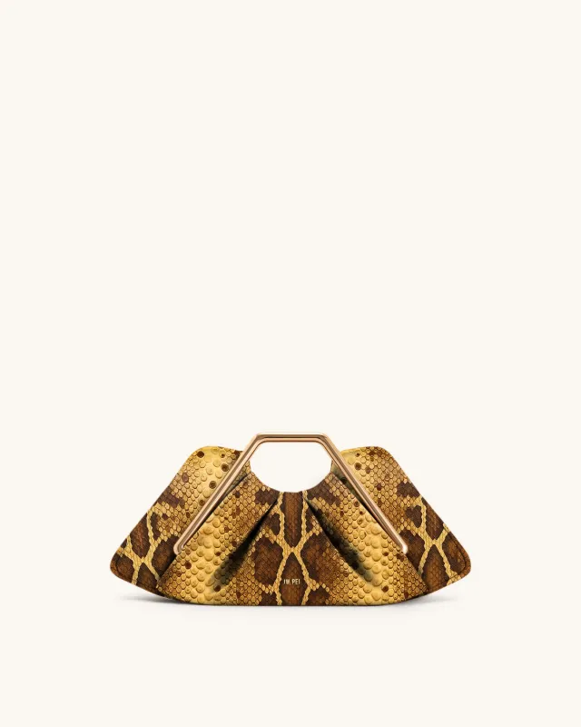Lila Faux Snake-Effect Metal Frame Clutch - Brown sold by JW PEI
