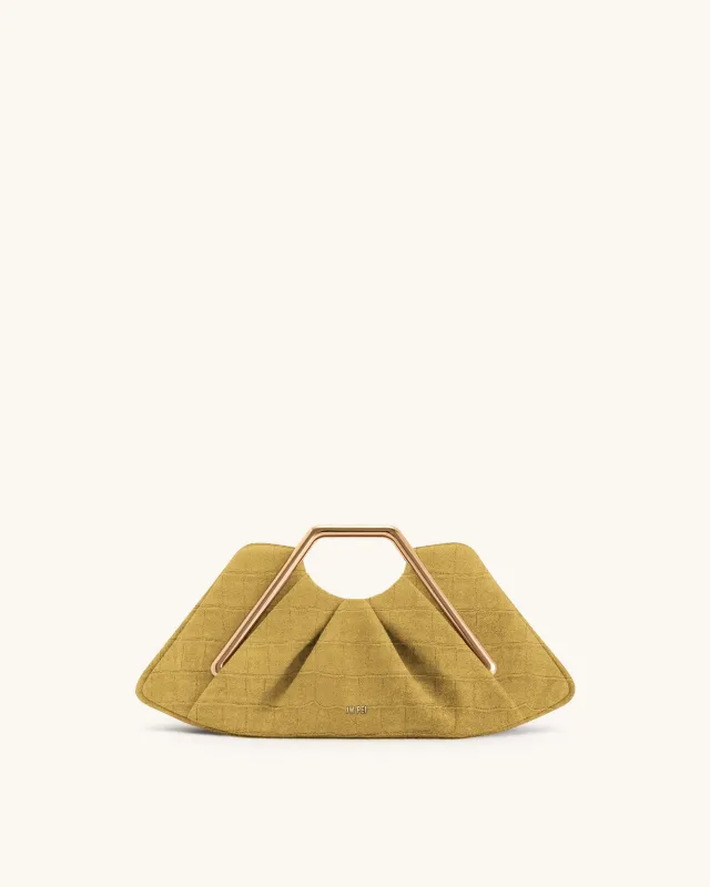Lila Faux Suede Croc-Embossed Metal Frame Clutch - Mustard Yellow sold by JW PEI