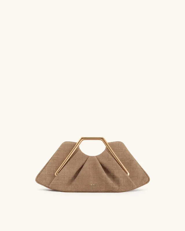 Lila Faux Suede Croc-Embossed Metal Frame Clutch - Beige sold by JW PEI