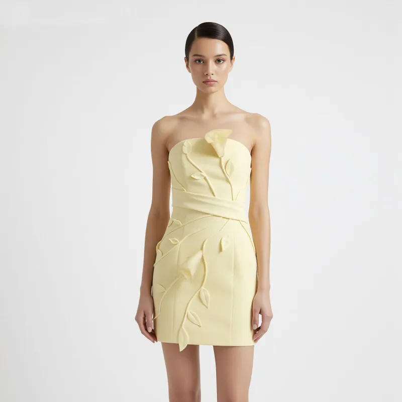 3D Floral Appliqué Strapless Mini Dress - Yellow sold by JW PEI