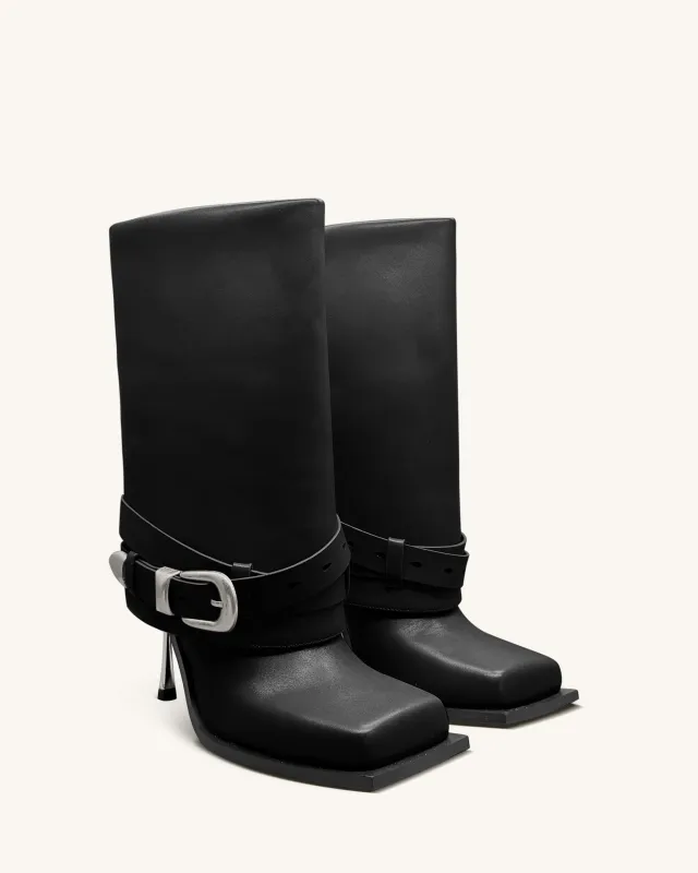 Emilia Western Buckled Leather Stiletto Boots - Black sold by JW PEI