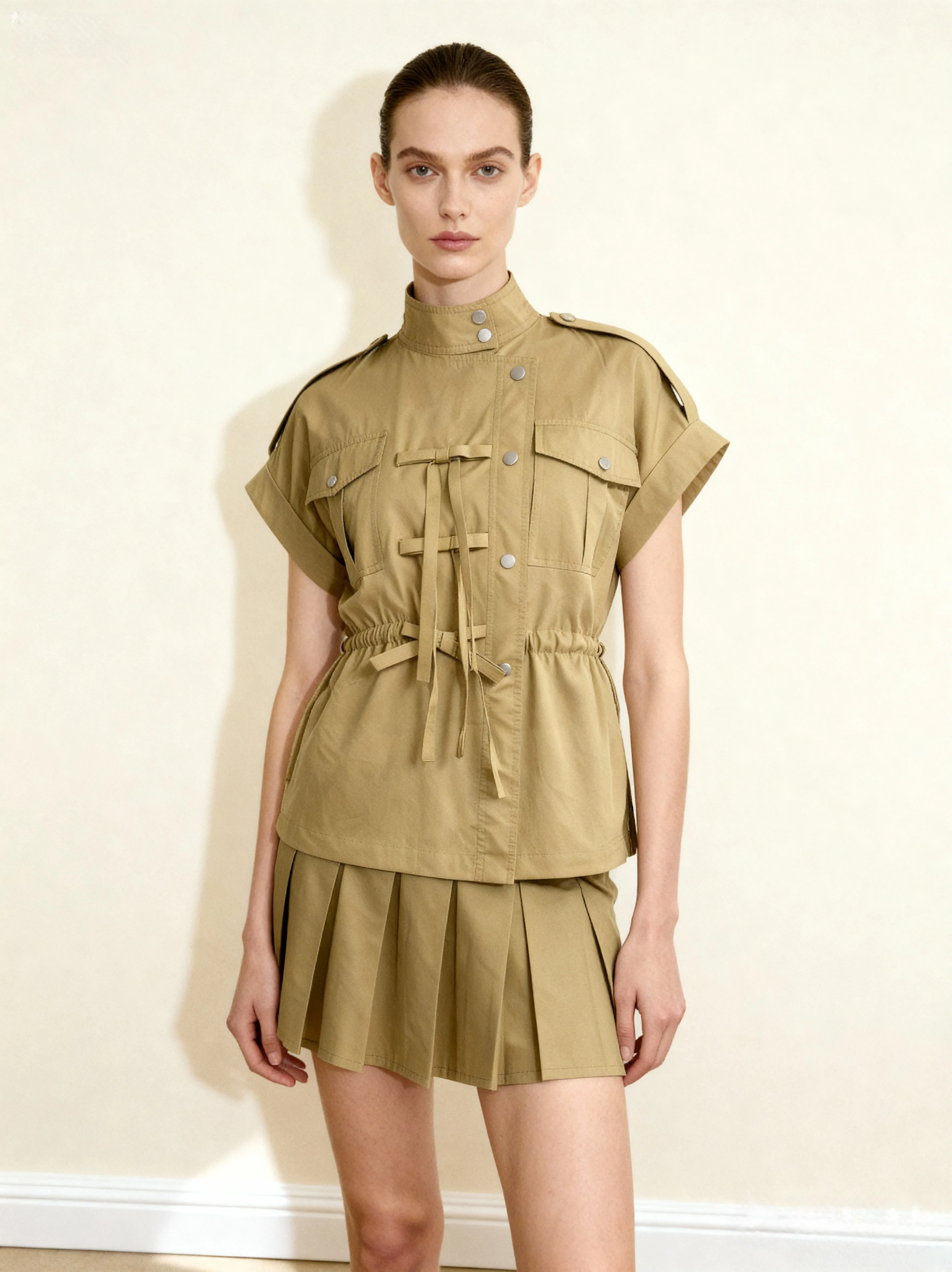 High Neck Utility Tie Front Short Sleeve Top - Khaki sold by JW PEI