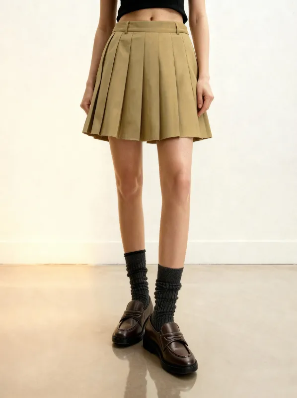 Twill Pleated Mini Skirt - Khaki sold by JW PEI