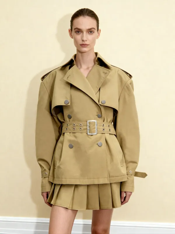 Grommet Belt Drop Shoulder Short Trench Jacket - Khaki sold by JW PEI