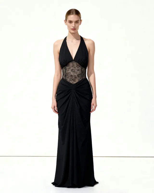 Ruched Lace Panel Maxi Dress - Black sold by JW PEI
