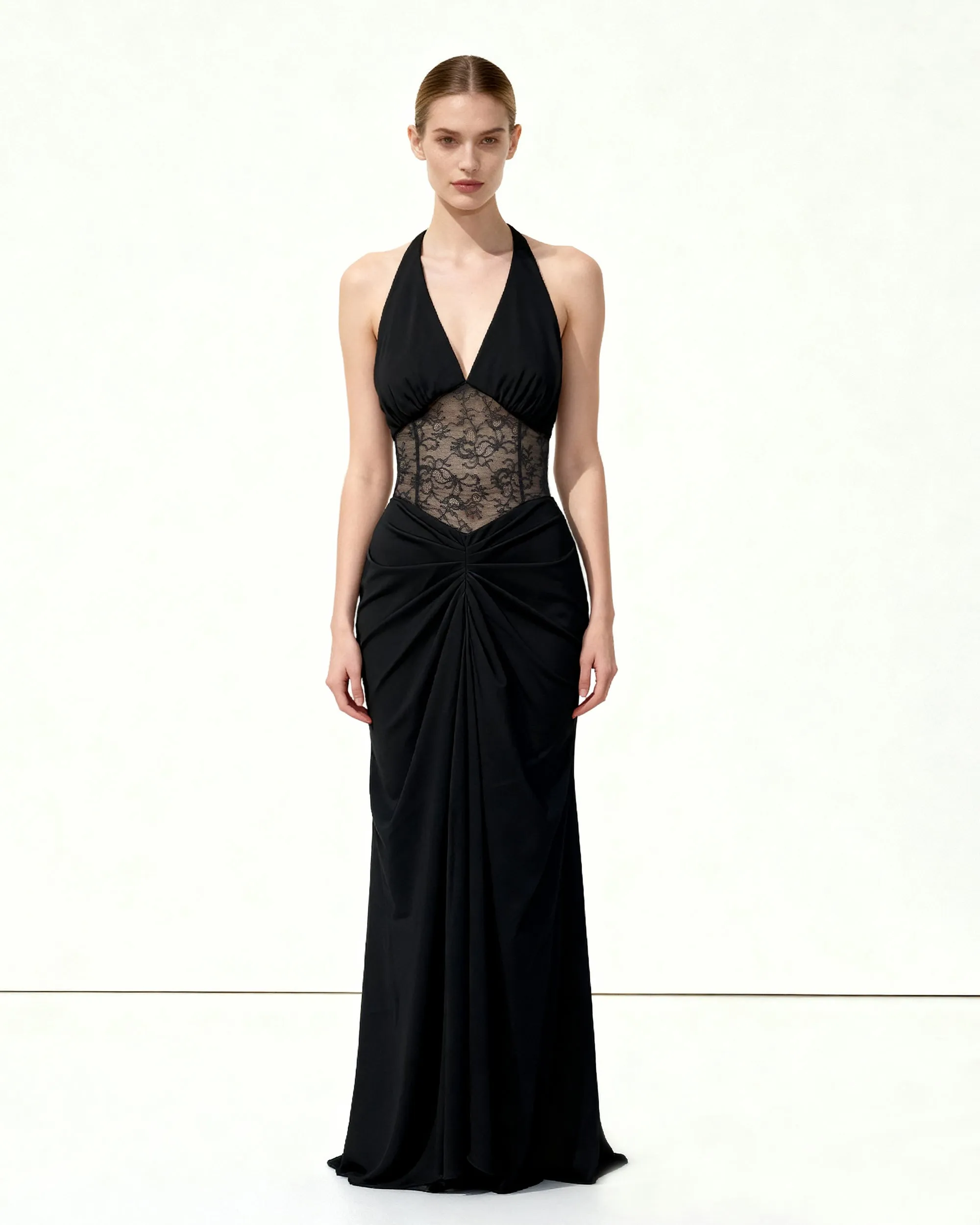 Ruched Lace Panel Maxi Dress - Black sold by JW PEI