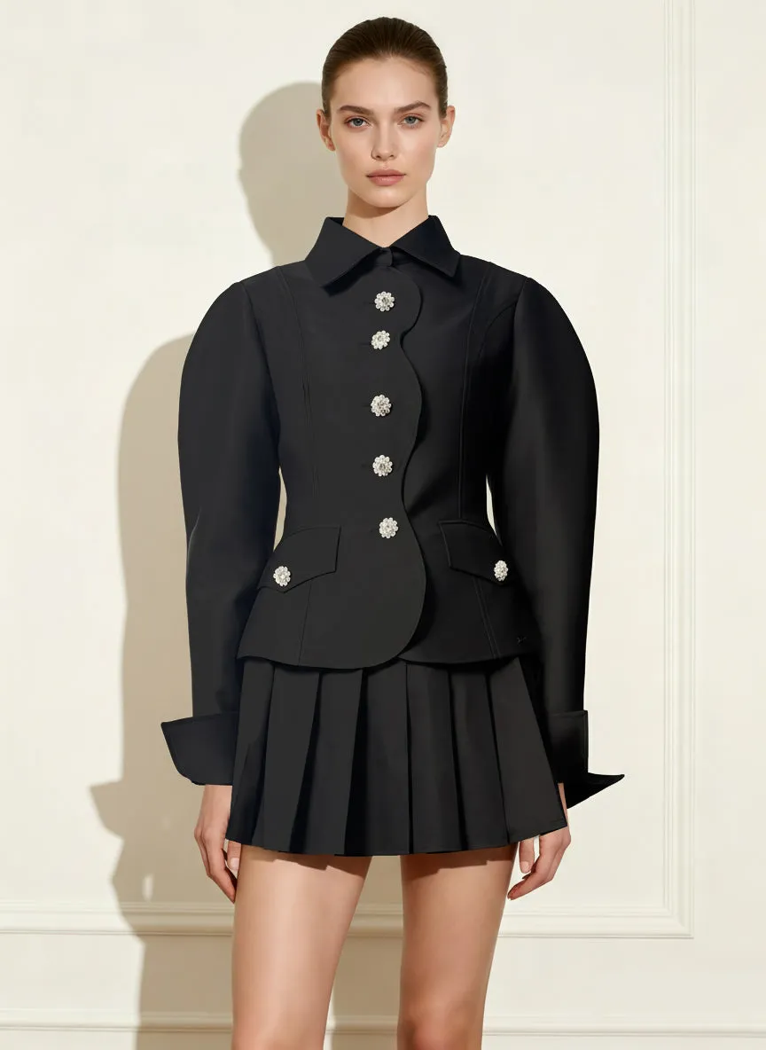 Scalloped Placket Leg of Mutton Blazer - Black sold by JW PEI