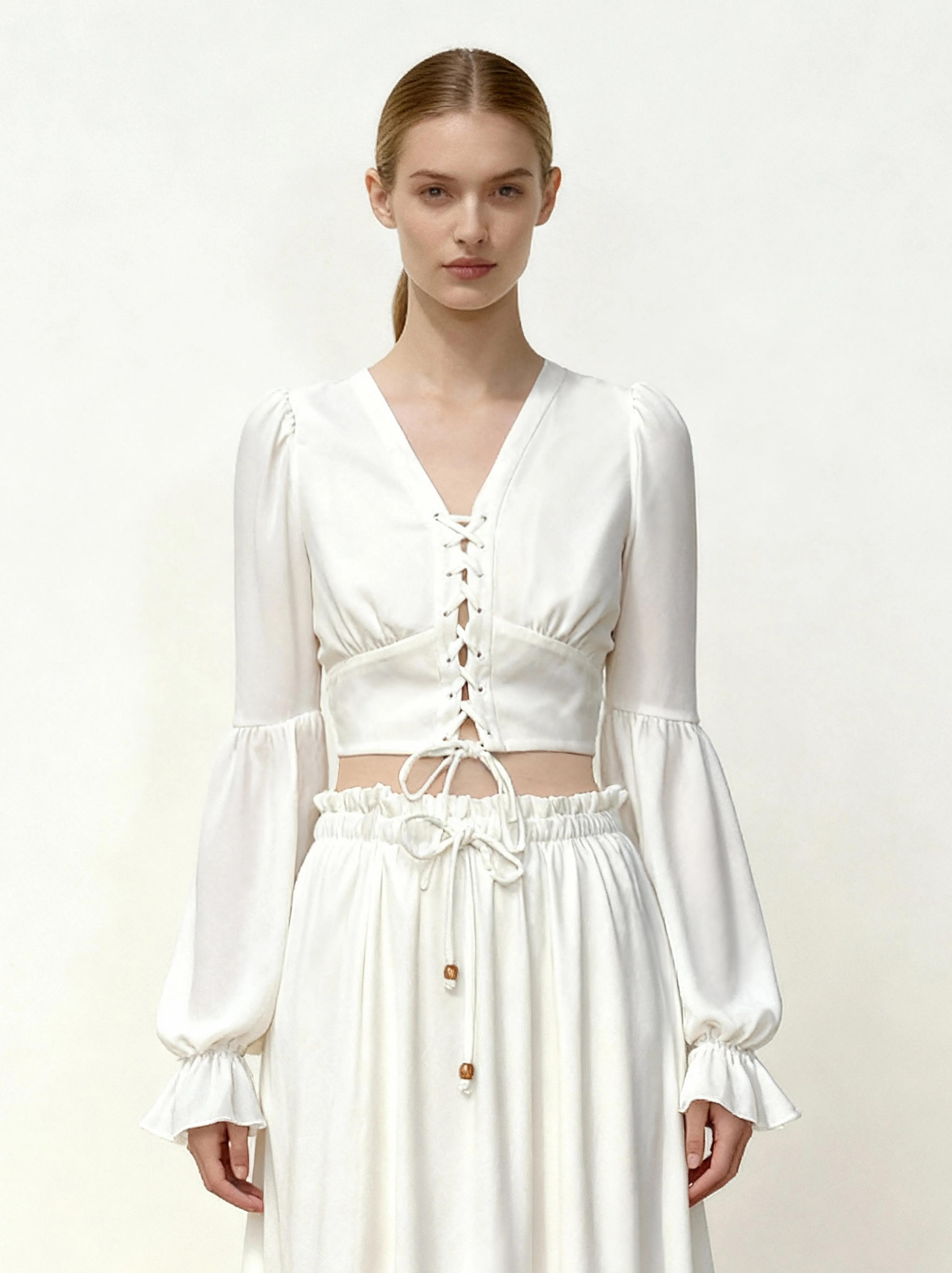 Chiffon Lantern-Sleeve Tie-Front Cropped Blouse - White sold by JW PEI