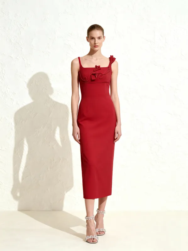 3D Floral Appliqué Square-Neck Sheath Midaxi Dress - Red sold by JW PEI