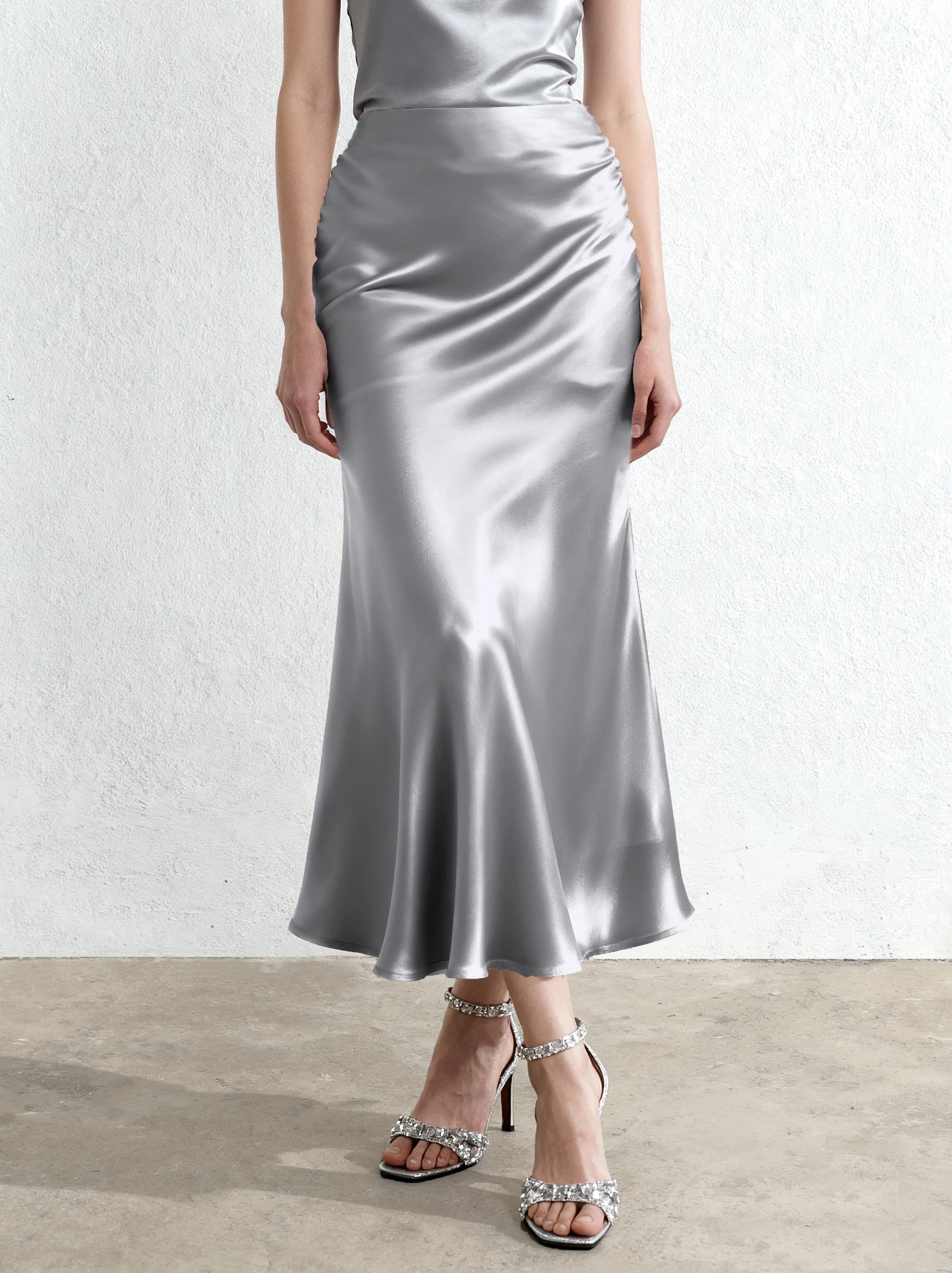 Liquid Satin Mermaid Maxi Skirt - Silver sold by JW PEI
