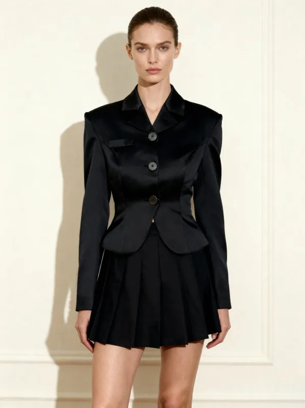 Satin Sculpted Waist Cropped Blazer - Black sold by JW PEI