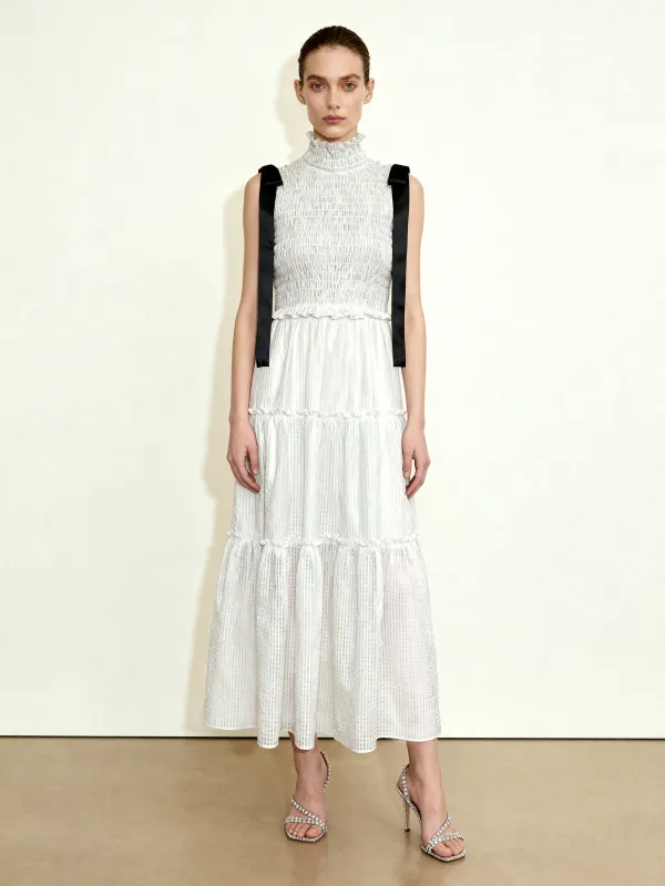 High-Neck Sleeveless Smocked Three-Tier Maxi Dress - White sold by JW PEI