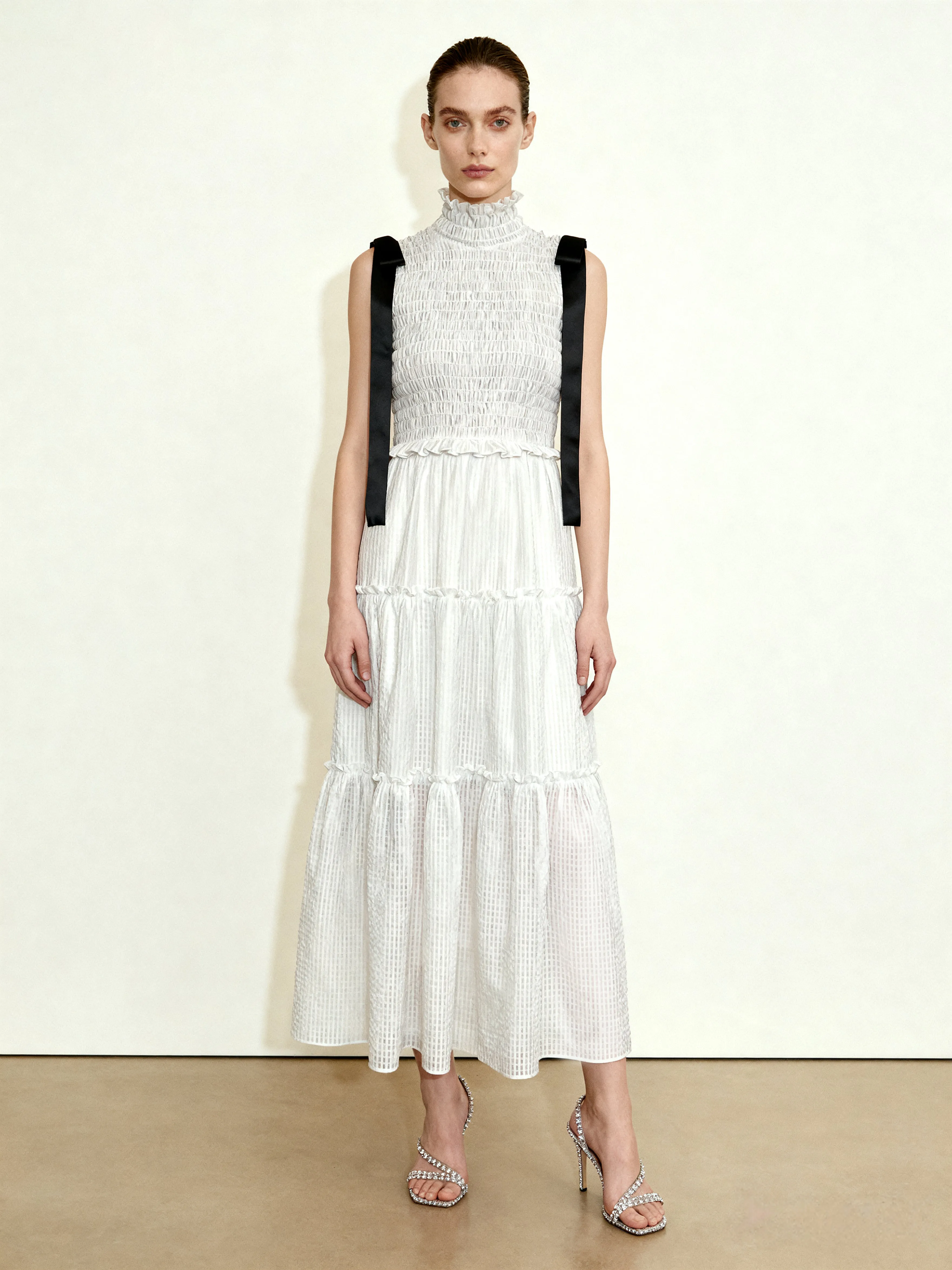 High-Neck Sleeveless Smocked Three-Tier Maxi Dress - White sold by JW PEI
