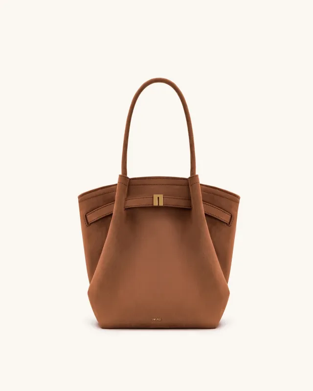 Hana Column Faux Suede Tote Bag - Brown sold by JW PEI