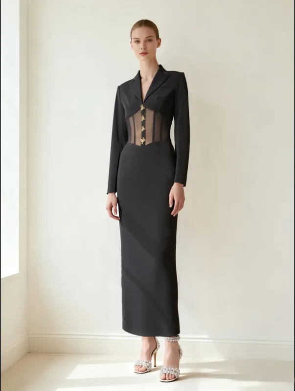 Sheer Boned Corset Waist Blazer Maxi Dress - Black sold by JW PEI