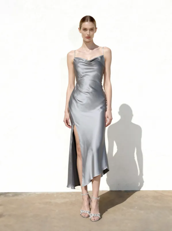 Liquid Satin Cowl-Slit Gown - Silver sold by JW PEI