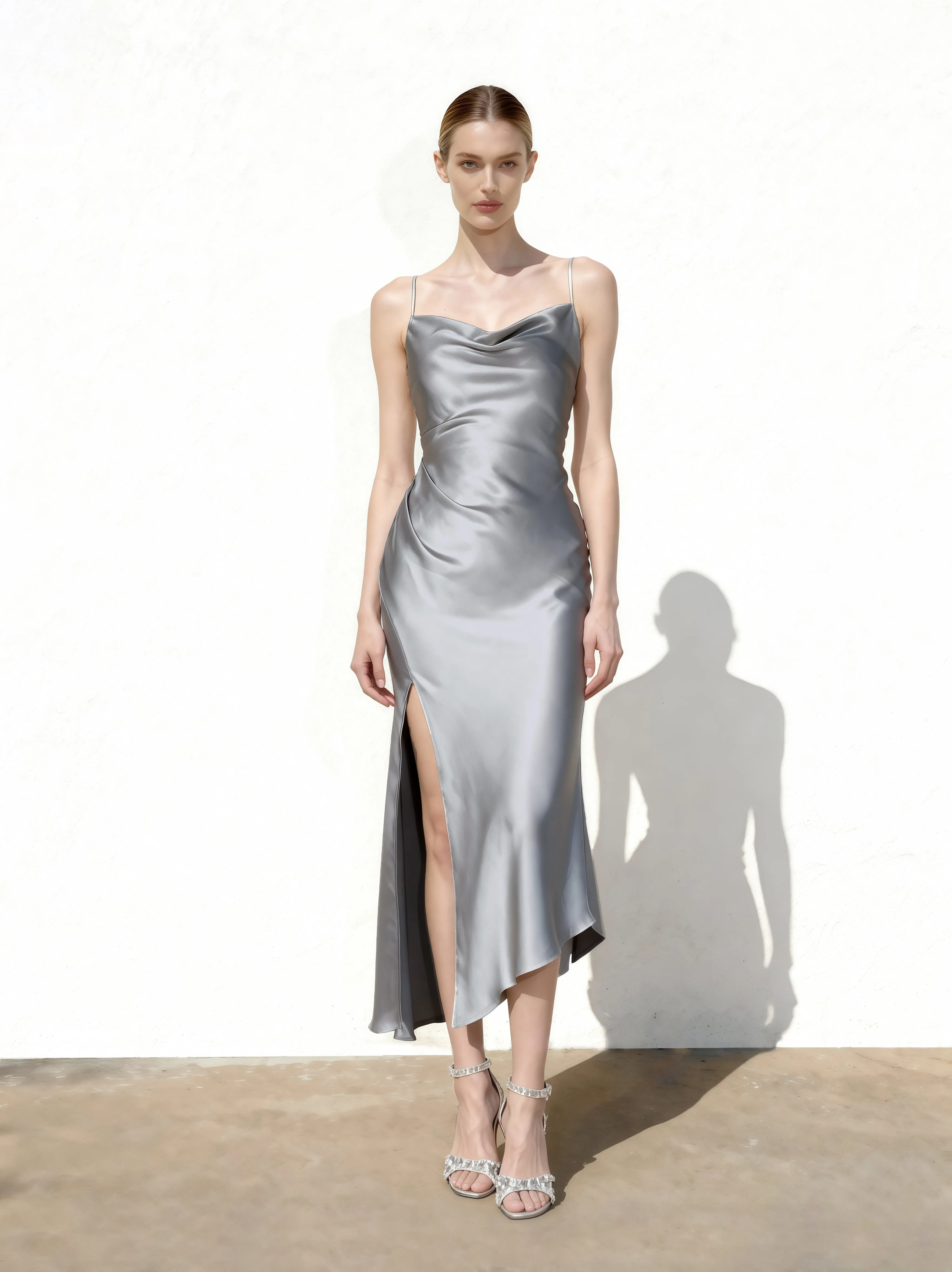 Liquid Satin Cowl-Slit Gown - Silver sold by JW PEI