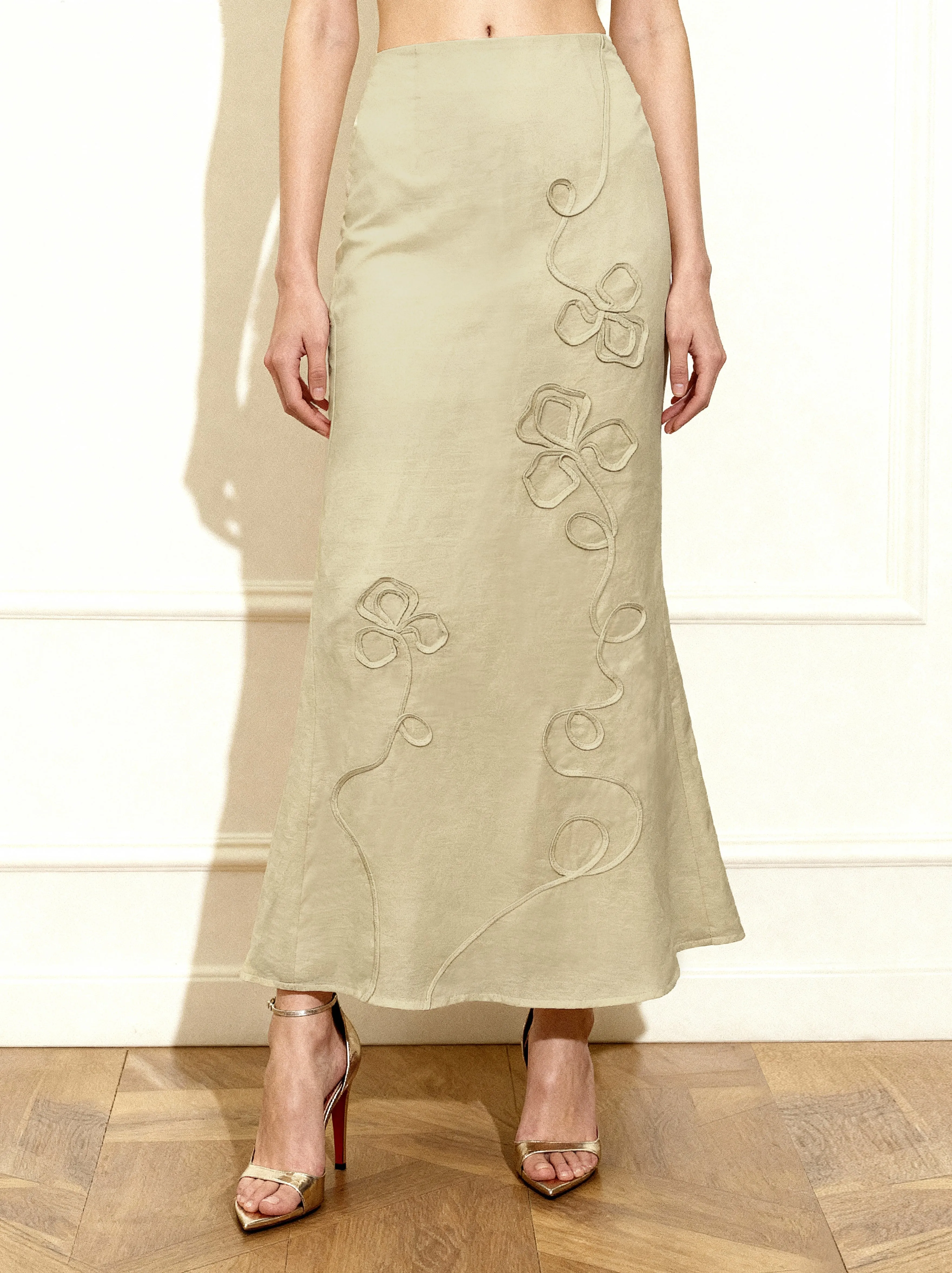 Linen Corded Embroidery Maxi Skirt - Natural sold by JW PEI