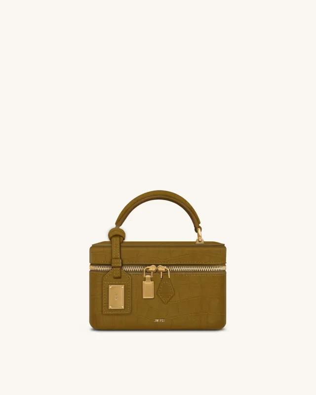 Cleo Faux Suede Croc Embossed Box Shape Top Handle Bag - Olive Green sold by JW PEI
