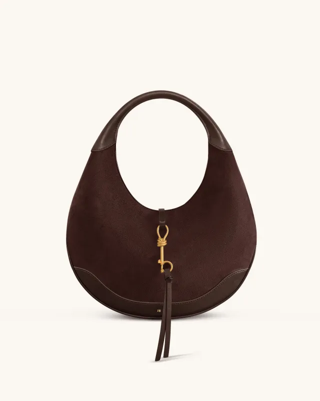 Colette Faux Suede Crescent Hobo Bag - Dark Brown sold by JW PEI