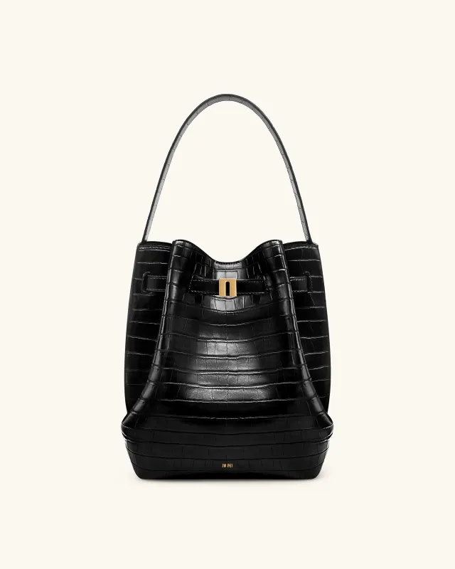 Clara Lock Accent Bucket Shoulder Bag - Black Croc sold by JW PEI
