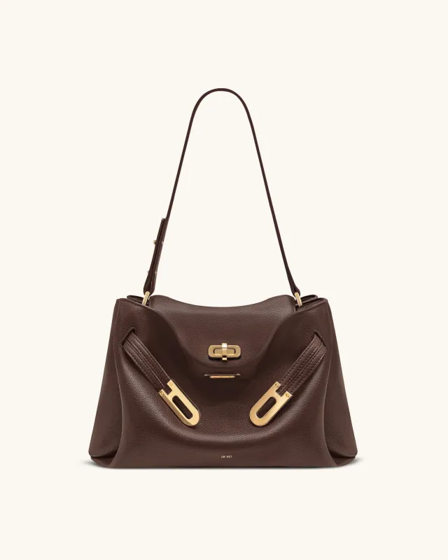 Rhea Pebbled Double Buckle Shoulder Bag - Dark Brown sold by JW PEI