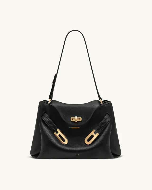 Rhea Pebbled Double Buckle Shoulder Bag - Black sold by JW PEI