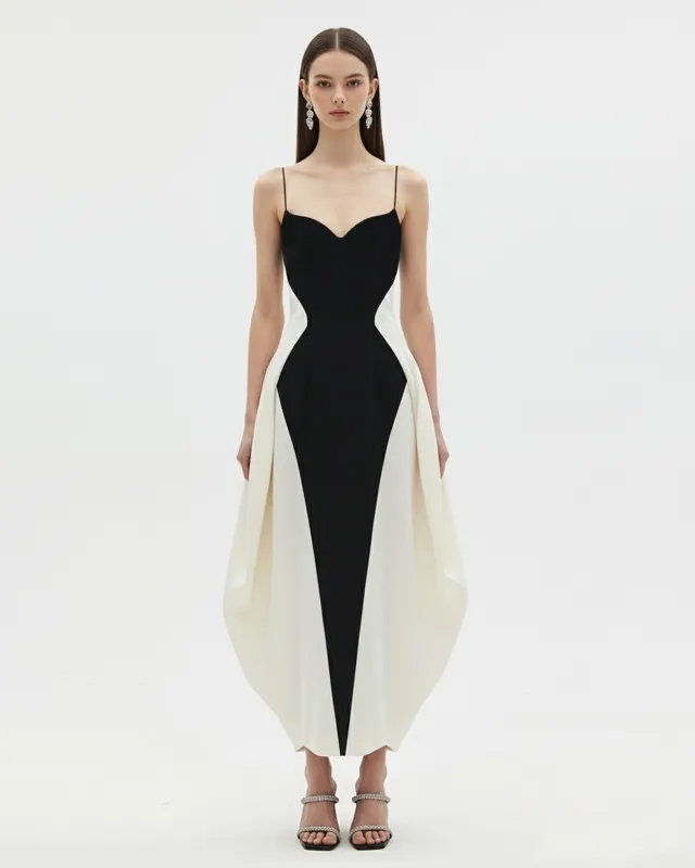Monochrome Paneled Spaghetti Strap Maxi Dress - Black made by JW PEI