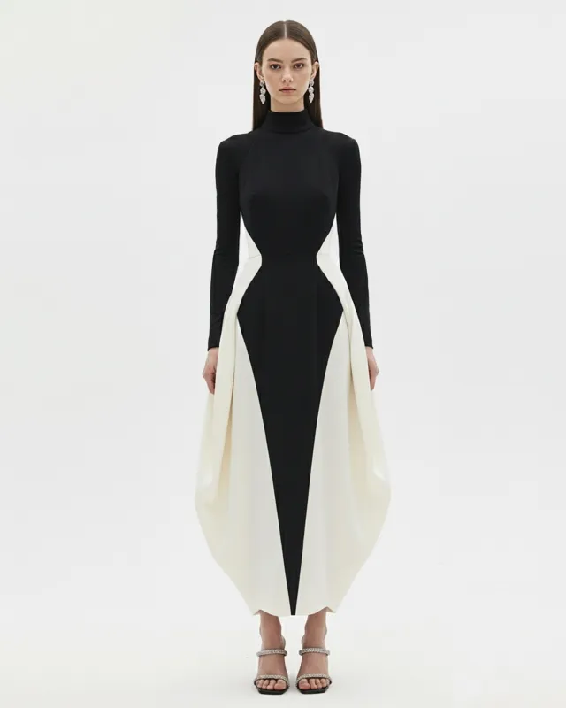 Monochrome Paneled Long-Sleeve Maxi Dress - Black sold by JW PEI