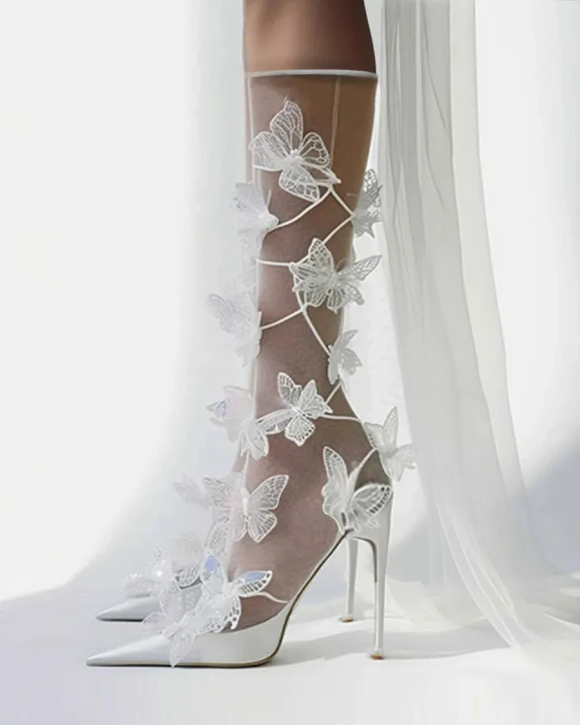 Butterfly Mesh Knee Boots-White sold by JW PEI
