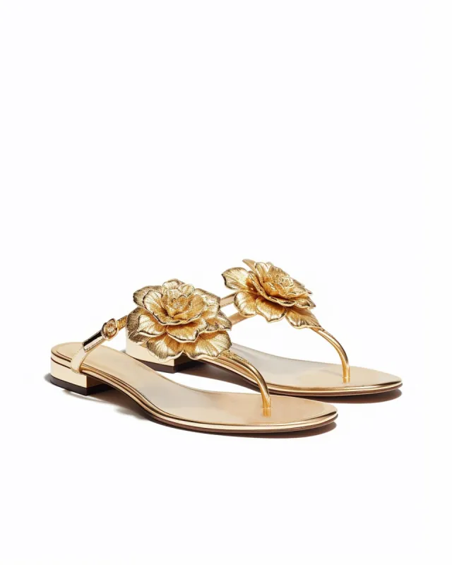 Floral Metallic Thong Sandals - Gold sold by JW PEI