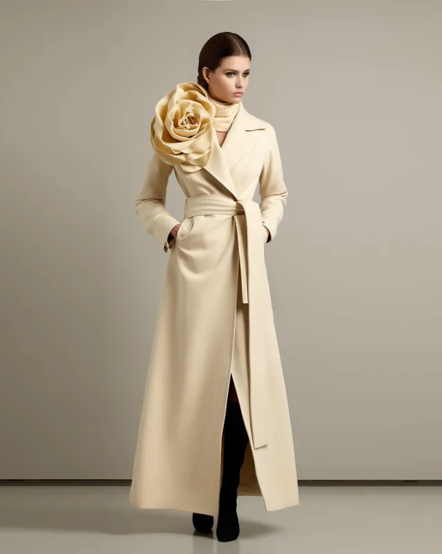 Beige Floral-Applique Belted Trench Coat made by JW PEI