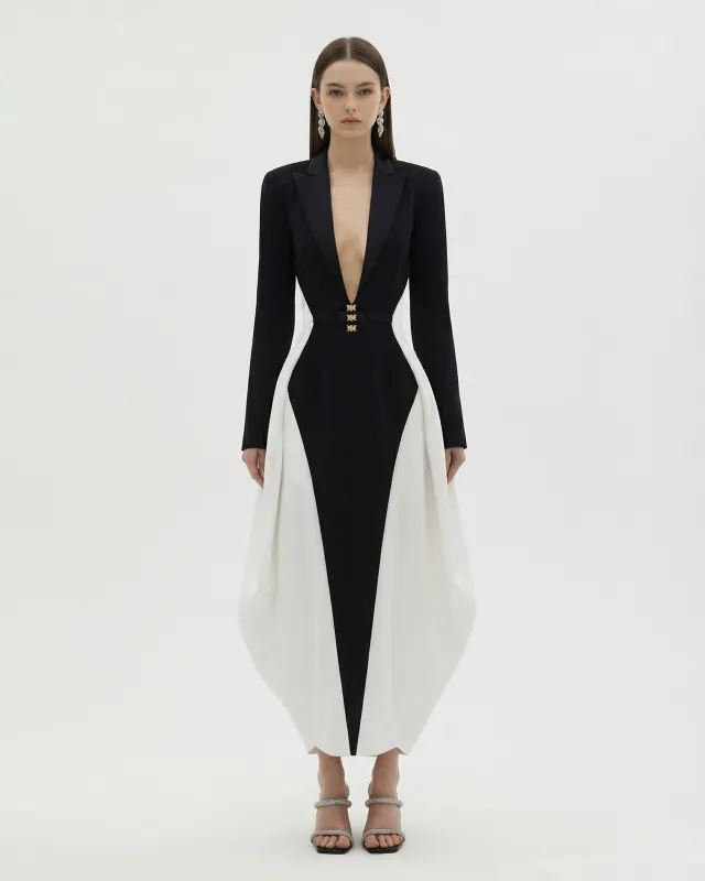 Contrast Paneled Plunging V-Neck Hourglass Midi Dress - Black sold by JW PEI