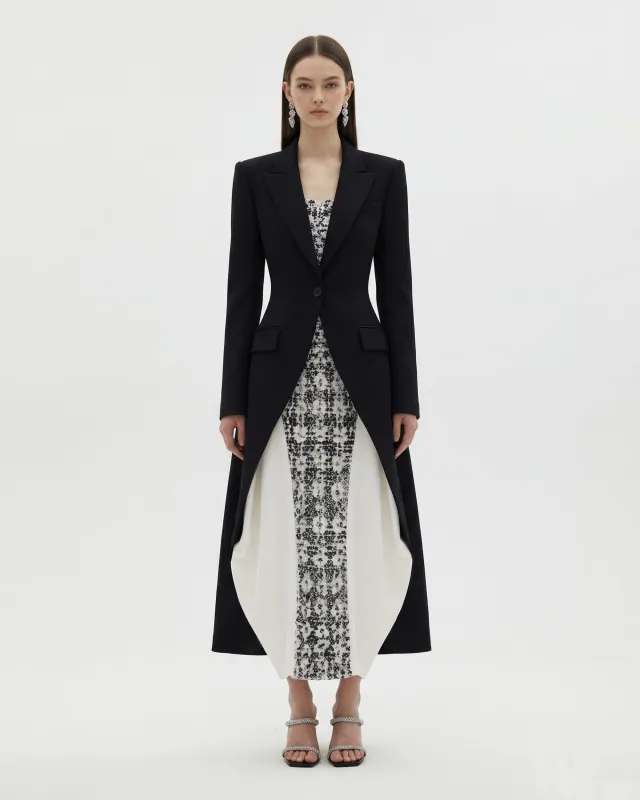 Structured Peak-Lapel Cutaway Maxi Blazer - Black sold by JW PEI