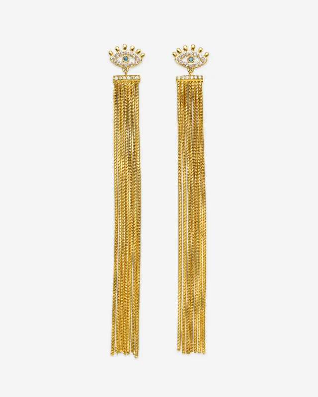 Magic Eye Tassel Earrings - 18ct Gold Plated & White Zircon & Sea Blue Zircon sold by JW PEI